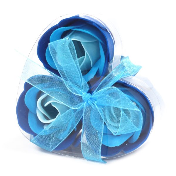 6x Set de 3 flores de Sabão caixa coração - rosas azul
