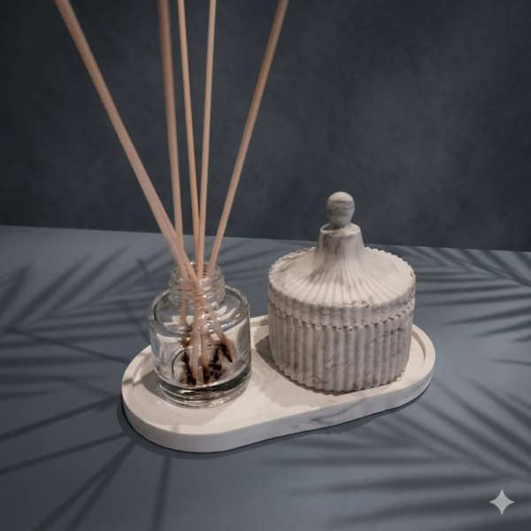 conjunto elegance: difusor de vidro & pote marmorizado canelado