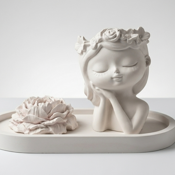 conjunto decorativo serenity: vaso "menina flor" e peônia em gesso